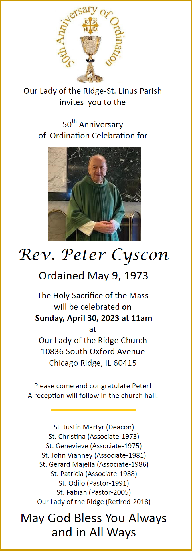 Saint Linus Catholic Parish Father Peter Cyscon 50th Anniversary of